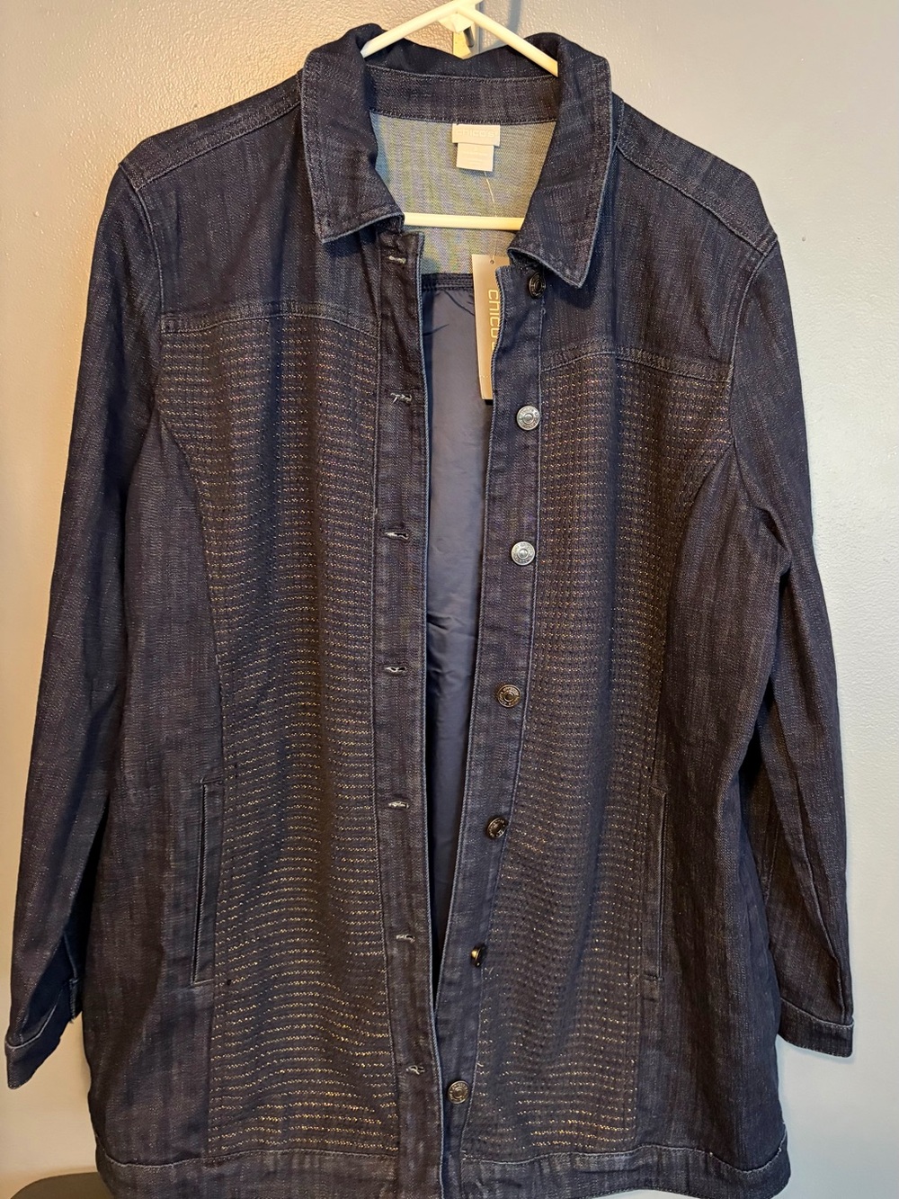 Chicos Elongated Denim Shimmer Jacket in Indigo, Sz 3